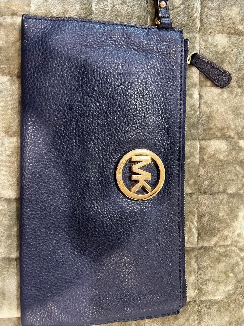 Michael Kors Navy Pebble Leather Wristlet with Gold MK Emblem